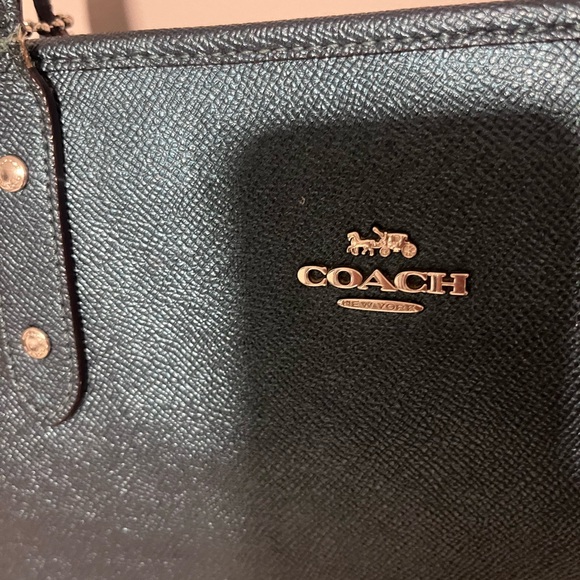 Coach Blue Pebbled Leather Tote Shoulder Bag Silver Logo Classic Everyday Purse - Picture 4 of 14
